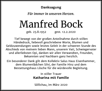 Traueranzeige von Manfred Bock von Super Sonntag Wittenberg