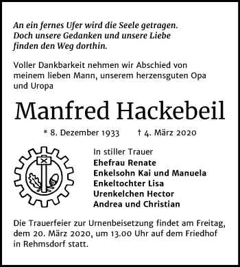 Traueranzeige von Manfred Hackebeil von Mitteldeutsche Zeitung Zeitz