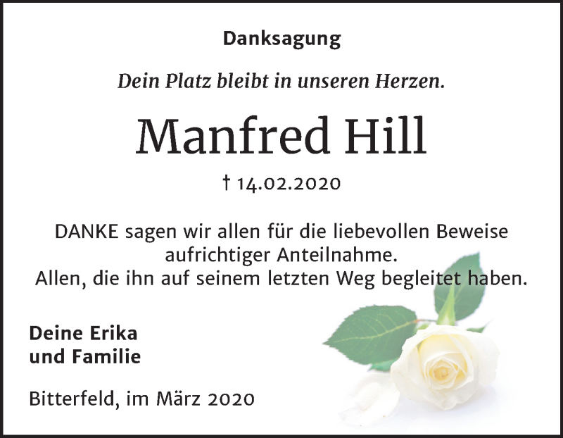  Traueranzeige für Manfred Hill vom 18.03.2020 aus Wochenspiegel Bitterfeld