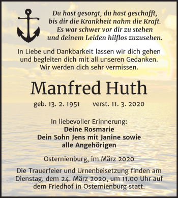 Traueranzeige von Manfred Huth von Mitteldeutsche Zeitung Köthen