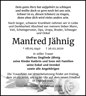 Traueranzeige von Manfred Jähnig von Mitteldeutsche Zeitung Zeitz