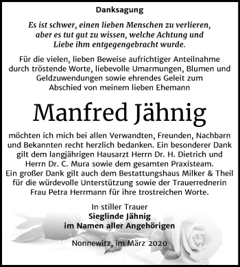 Traueranzeige von Manfred Jähnig von Mitteldeutsche Zeitung Zeitz