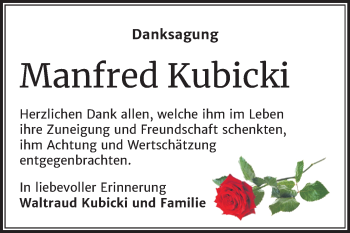 Traueranzeige von Manfred Kubicki von Mitteldeutsche Zeitung Mansfelder Land