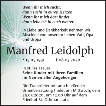 Traueranzeige von Manfred Leidolph von Wochenspiegel Naumburg/Nebra