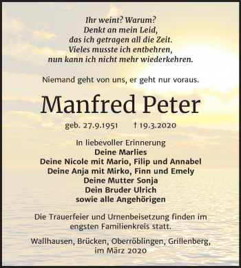 Traueranzeige von Manfred Peter von Super Sonntag Sangerhausen