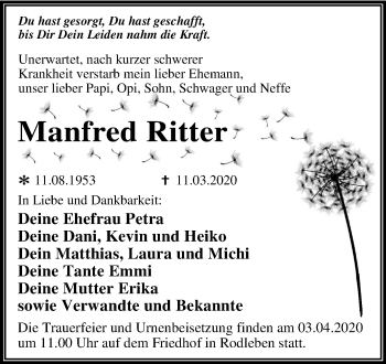 Traueranzeige von Manfred Ritter von Mitteldeutsche Zeitung Dessau-Roßlau