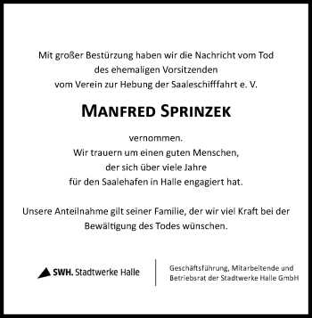 Traueranzeige von Manfred Sprinzek von Mitteldeutsche Zeitung Halle/Saalkreis