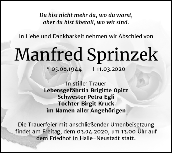 Traueranzeige von Manfred Sprinzek von Mitteldeutsche Zeitung Halle/Saalkreis
