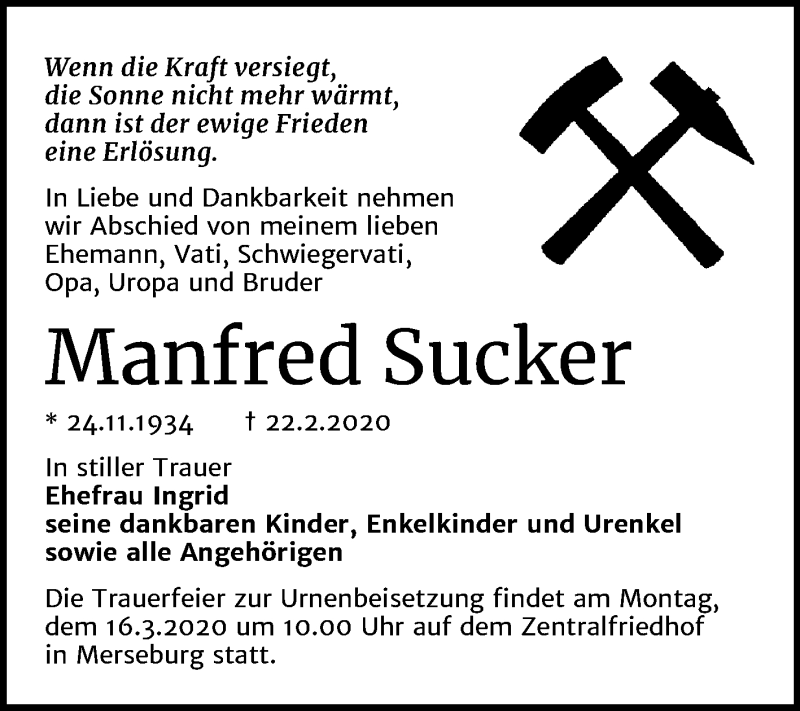  Traueranzeige für Manfred Sucker vom 07.03.2020 aus Super Sonntag Merseburg/Querfurt