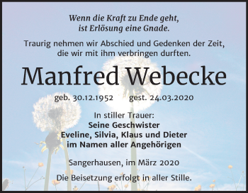 Traueranzeige von Manfred Webecke von Super Sonntag Sangerhausen