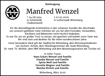 Traueranzeige von Manfred Wenzel von Super Sonntag Wittenberg