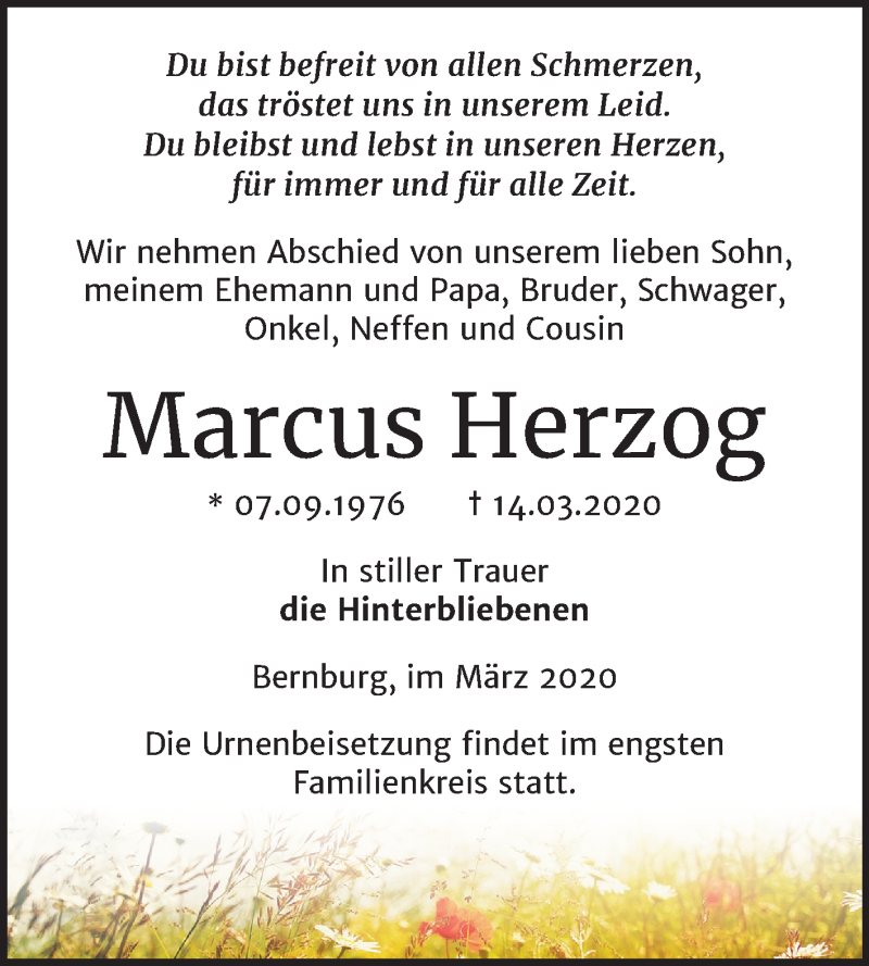  Traueranzeige für Marcus Herzog vom 28.03.2020 aus Mitteldeutsche Zeitung Bernburg