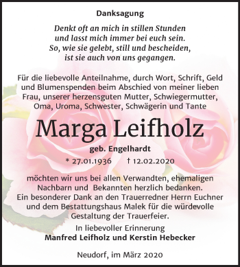 Traueranzeige von Marga Leifholz von Mitteldeutsche Zeitung Quedlinburg