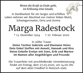 Traueranzeige von Marga Radestock von Wochenspiegel Bitterfeld