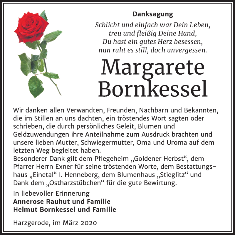  Traueranzeige für Margarete Bornkessel vom 21.03.2020 aus Super Sonntag Quedlinburg
