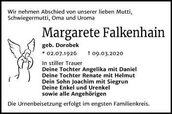 Traueranzeige von Margarete Falkenhain von Wochenspiegel Bitterfeld