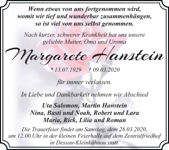 Traueranzeige von Margarete Hanstein von Super Sonntag Dessau-Roßlau