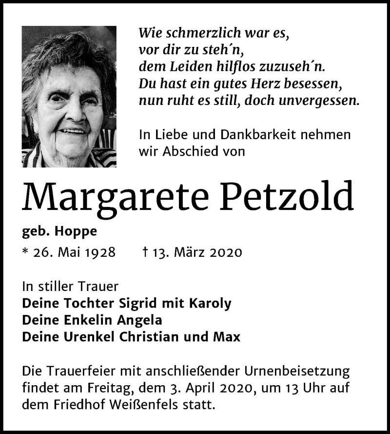  Traueranzeige für Margarete Petzold vom 28.03.2020 aus Super Sonntag Weißenfels