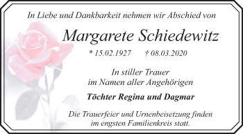 Traueranzeige von Margarete Schiedewitz von Mitteldeutsche Zeitung Dessau-Roßlau