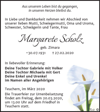 Traueranzeige von Margarete Scholz von Mitteldeutsche Zeitung Weißenfels