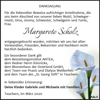 Traueranzeige von Margarete Scholz von Mitteldeutsche Zeitung Weißenfels