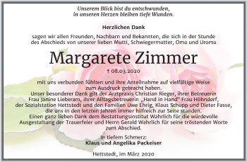 Traueranzeige von Margarete Zimmer von Mitteldeutsche Zeitung Mansfelder Land