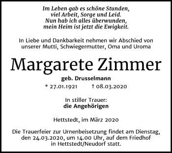 Traueranzeige von Margarete Zimmer von Mitteldeutsche Zeitung Mansfelder Land
