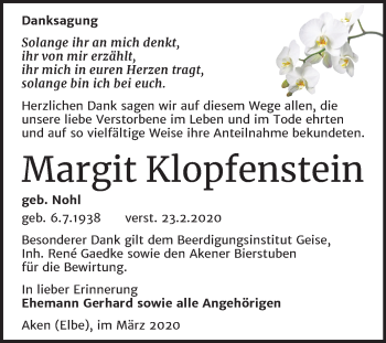 Traueranzeige von Margit Klopfenstein von Super Sonntag Köthen