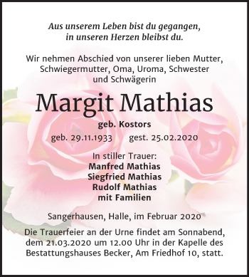 Traueranzeige von Margit Mathias von Mitteldeutsche Zeitung Sangerhausen