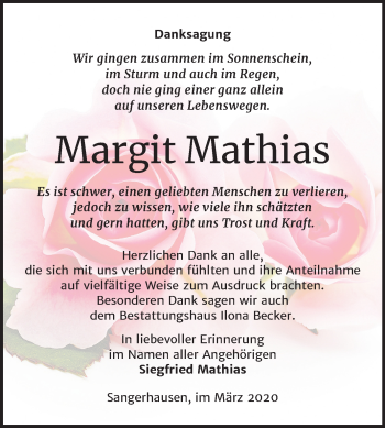 Traueranzeige von Margit Mathias von Super Sonntag Sangerhausen