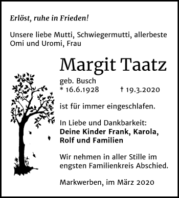 Traueranzeige von Margit Taatz von Super Sonntag Weißenfels