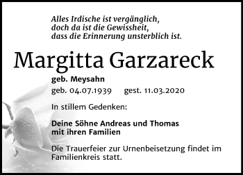 Traueranzeige von Margitta Garzareck von Mitteldeutsche Zeitung Halle/Saalkreis