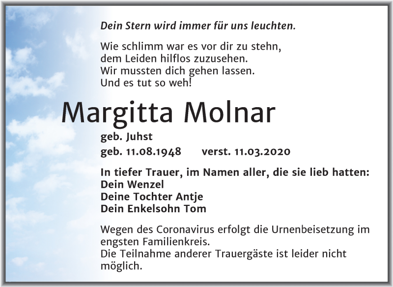  Traueranzeige für Margitta Molnar vom 21.03.2020 aus Super Sonntag Wittenberg