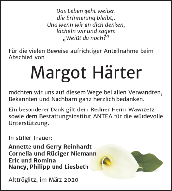 Traueranzeige von Margot Härter von Super Sonntag Zeitz
