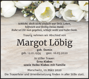 Traueranzeige von Margot Löbig von Mitteldeutsche Zeitung Wittenberg