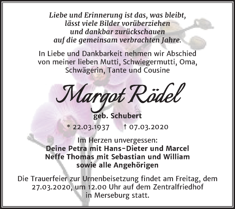 Traueranzeige für Margot Rödel vom 14.03.2020 aus Mitteldeutsche Zeitung Merseburg/Querfurt