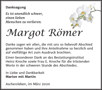 Traueranzeige von Margot Römer von Super Sonntag Aschersleben