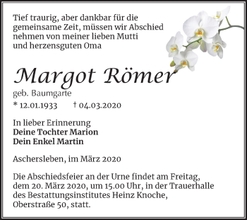 Traueranzeige von Margot Römer von Mitteldeutsche Zeitung Aschersleben
