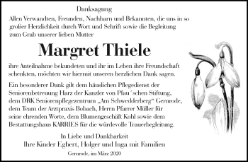 Traueranzeige von Margret Thiele von Mitteldeutsche Zeitung Quedlinburg
