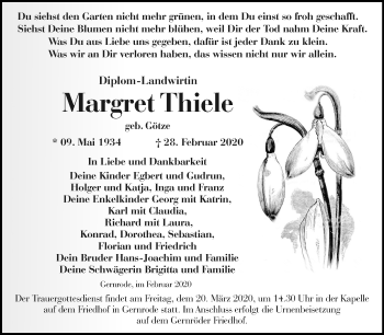 Traueranzeige von Margret Thiele von Super Sonntag Quedlinburg
