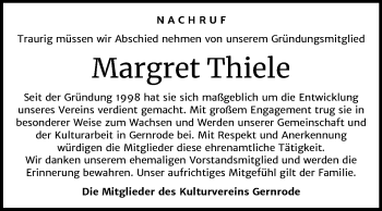 Traueranzeige von Margret Thiele von Super Sonntag Quedlinburg