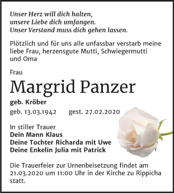 Traueranzeige von Margrid Panzer von Mitteldeutsche Zeitung Zeitz