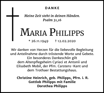 Traueranzeige von Maria Philipps von Mitteldeutsche Zeitung Halle/Saalkreis