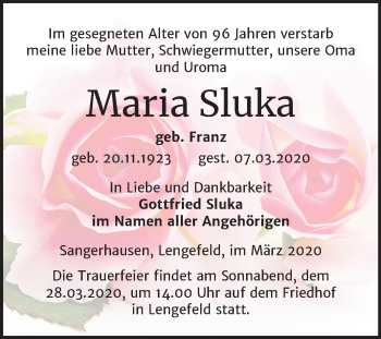 Traueranzeige von Maria Sluka von Mitteldeutsche Zeitung Merseburg/Querfurt / Sangerhausen