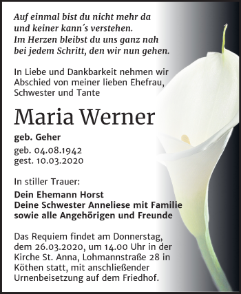 Traueranzeige von Maria Werner von Mitteldeutsche Zeitung Köthen
