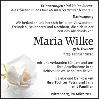 Traueranzeige von Maria Wilke von Super Sonntag Wittenberg