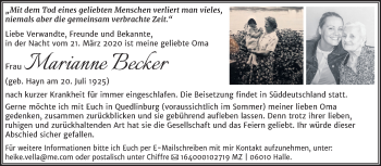 Traueranzeige von Marianne Becker von Super Sonntag Quedlinburg
