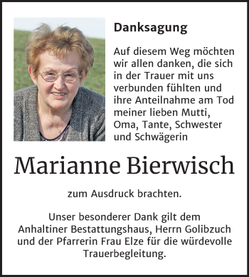 Traueranzeige von Marianne Bierwisch von Super Sonntag Dessau-Roßlau