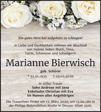 Traueranzeige von Marianne Bierwisch von Mitteldeutsche Zeitung Dessau-Roßlau