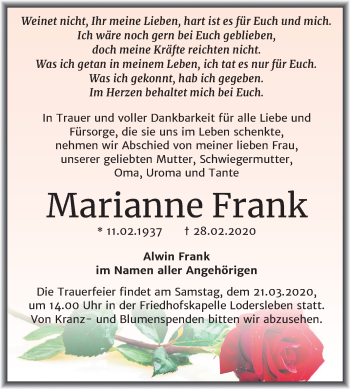 Traueranzeige von Marianne Frank von Mitteldeutsche Zeitung Merseburg/Querfurt